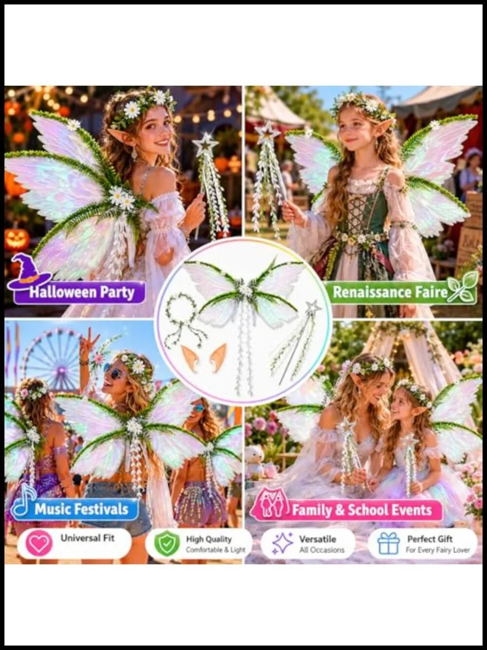 4PC Fairy Costume Set - Wings Elf Ears Flower Crown Wand Sparkly Organza